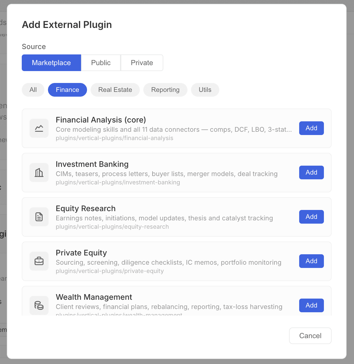 The Add External Plugin dialog in the Cowork plugin manager, Marketplace source filtered to Finance — Financial Analysis (core), Investment Banking, Equity Research, Private Equity, and Wealth Management, each with an Add button.